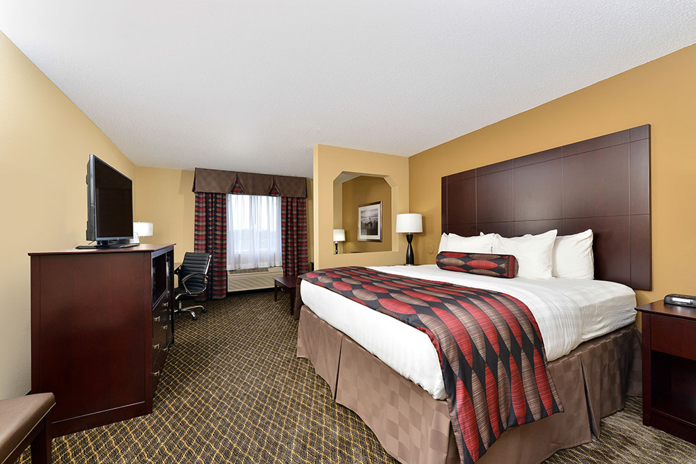 guest room with one king bed at boarders inn and suites